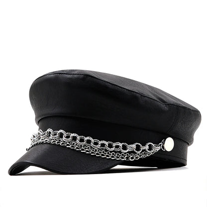 Women Ladies Autumn Winter Beret Hat PU Leather