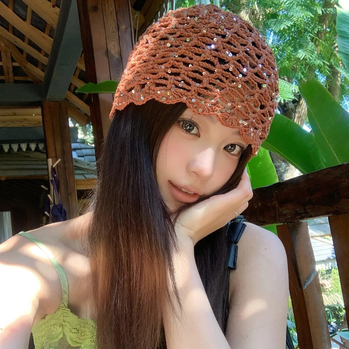 Spring Summer Handmade Knitted Sequin Hollow Crochet Vintage