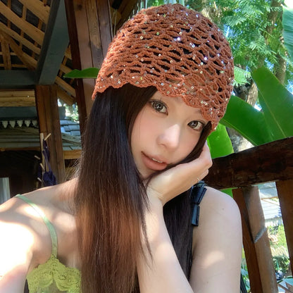 Spring Summer Handmade Knitted Sequin Hollow Crochet Vintage