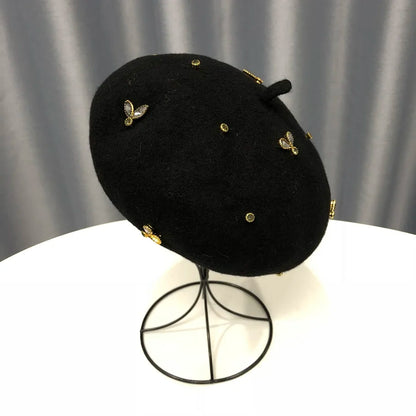Winter Wool Beret With Crystal Bee Female Wool Cap