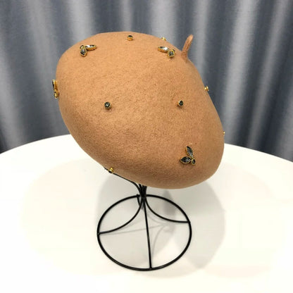 Winter Wool Beret With Crystal Bee Female Wool Cap