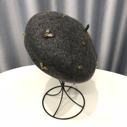 Winter Wool Beret With Crystal Bee Female Wool Cap