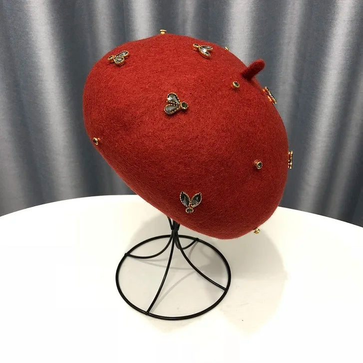 Winter Wool Beret With Crystal Bee Female Wool Cap