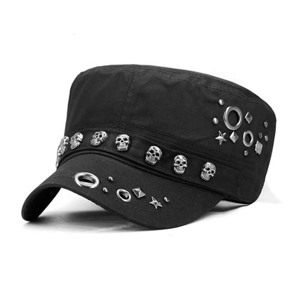 Cool Skull Rivets Punk Hip Hop Flat Top Cap Men Women