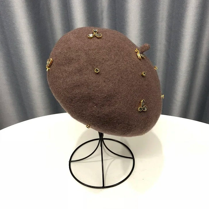 Winter Wool Beret With Crystal Bee Female Wool Cap