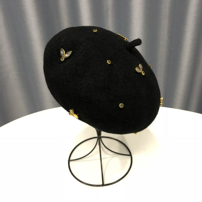 Winter Wool Beret With Crystal Bee Female Wool Cap