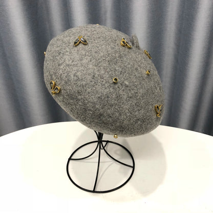Winter Wool Beret With Crystal Bee Female Wool Cap