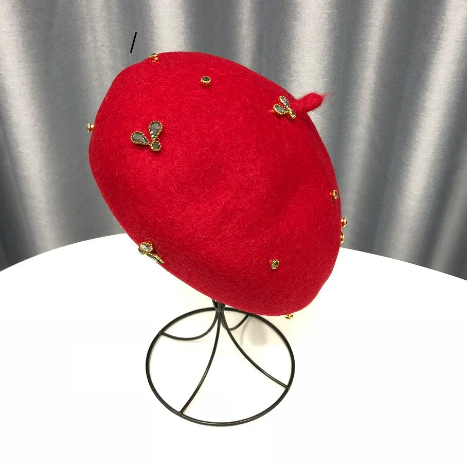 Winter Wool Beret With Crystal Bee Female Wool Cap