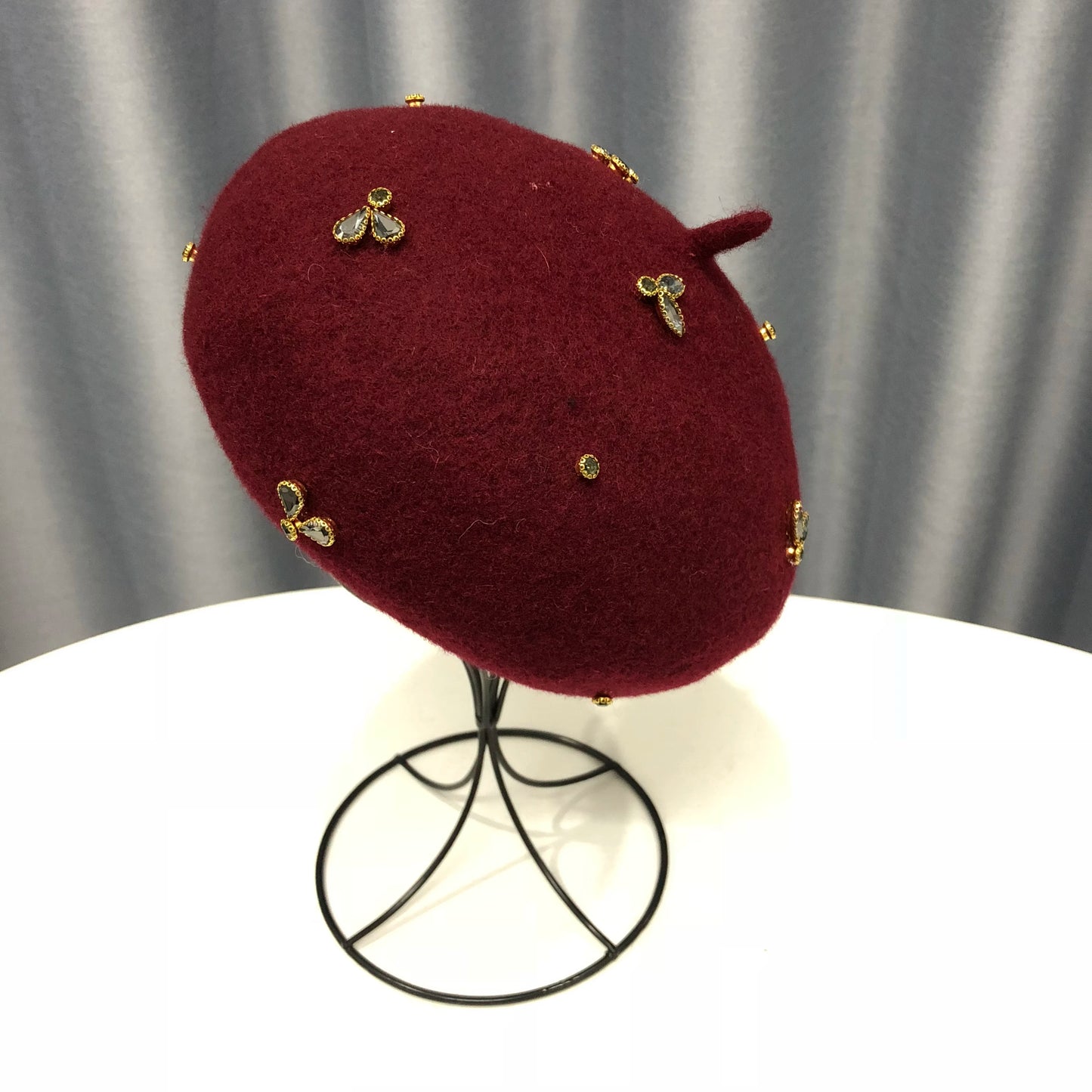 Winter Wool Beret With Crystal Bee Female Wool Cap
