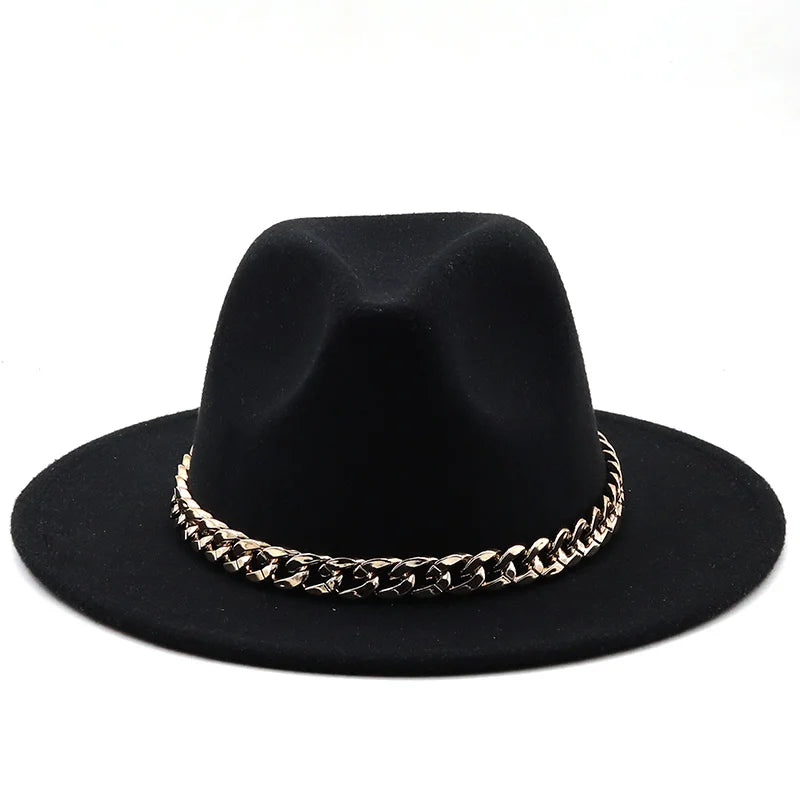 Simole Fedora Hats Women Men Wide Brim Thick Gold Chain Band Felted Hats