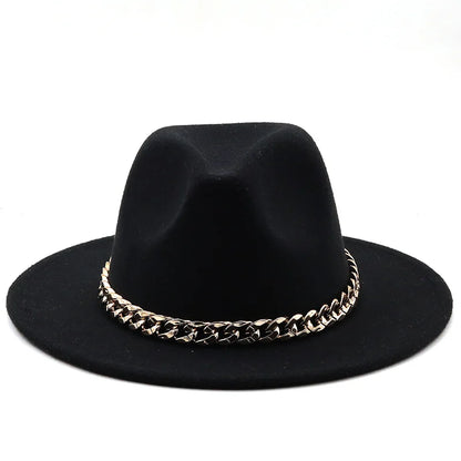 Simole Fedora Hats Women Men Wide Brim Thick Gold Chain Band Felted Hats