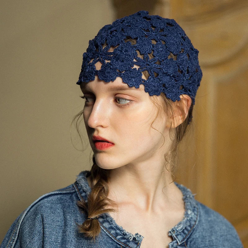 Hand Woven Beanie Hat Women Handmade Flower Hollowed Thin Skullies Cap