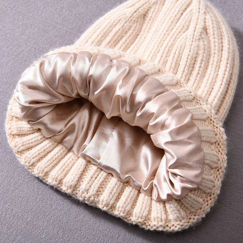Winter Silk Satin Lined Beanie Hats Women Men Unisex Thick Chunky Cap
