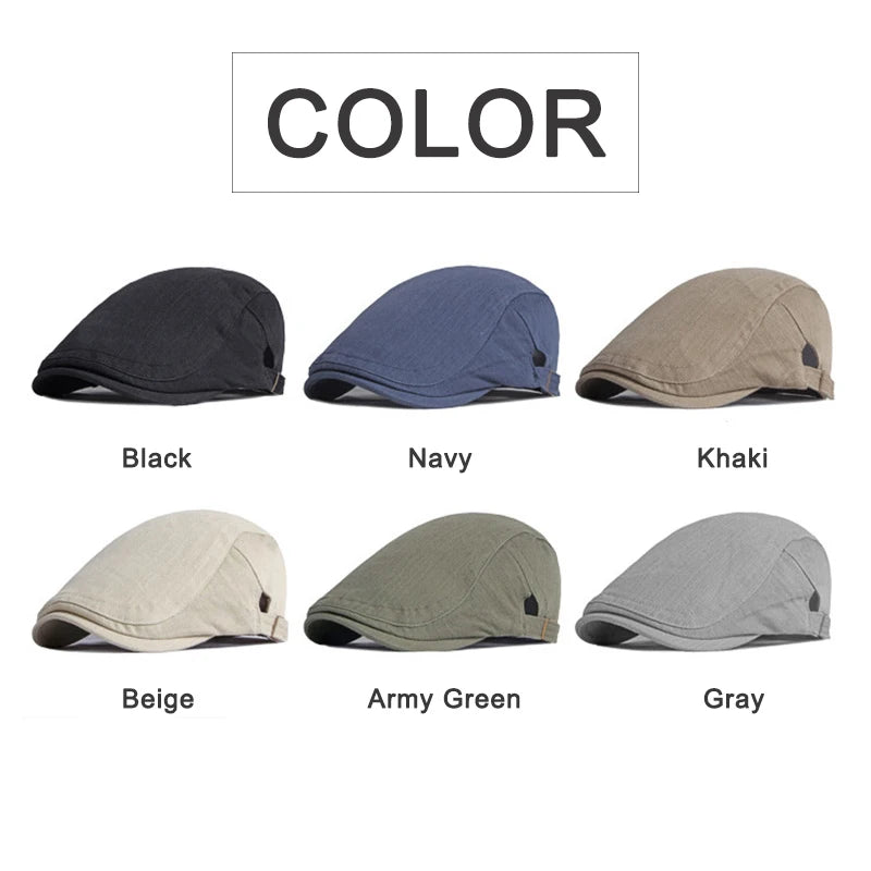 Spring Summer Beret Hat For Men Solid Black Gray Cotton Flat Cap