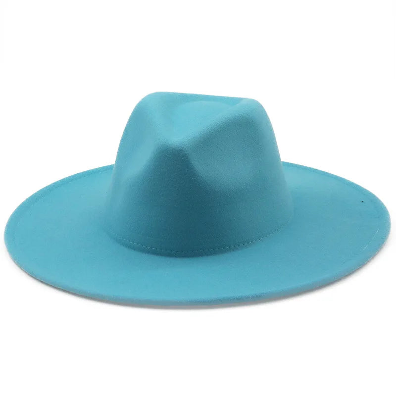 Men Women 9.5cm Flat Big Wide Brim Autumn Winter Wool Felt Fedora