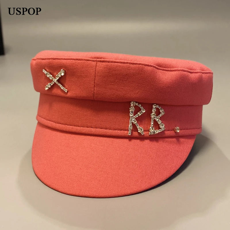 New Cotton And Linen Rhinestone Letter Newsboy Caps Women