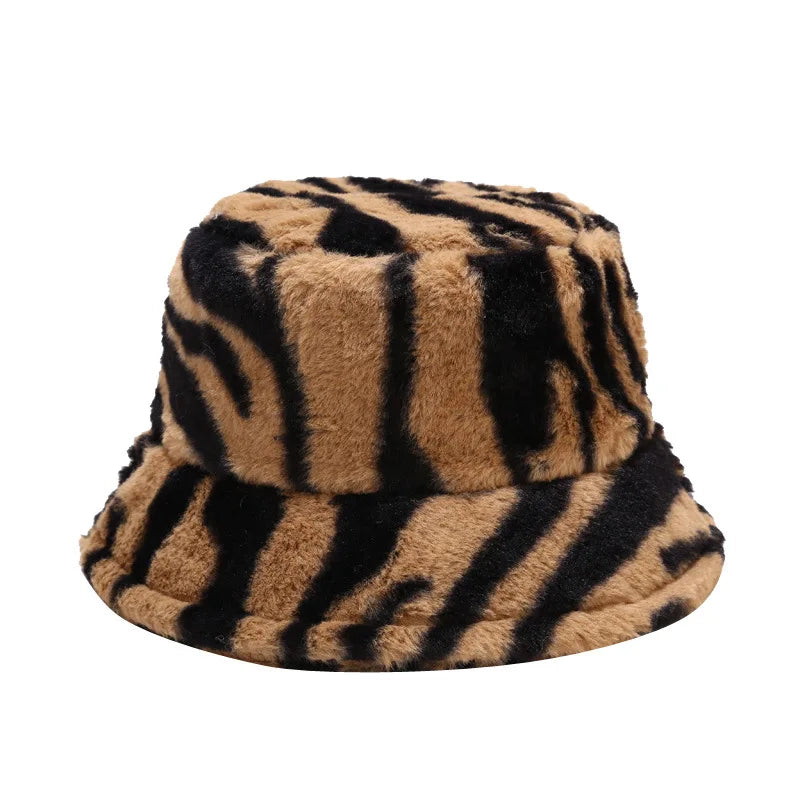 Winter Zebra Pattern Faux Fur Fluffy Bucket Hats Women