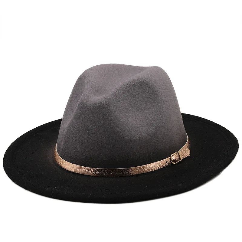 Women Patchwork Wide Brim Gradient Gold Belt Church Derby Top Hat