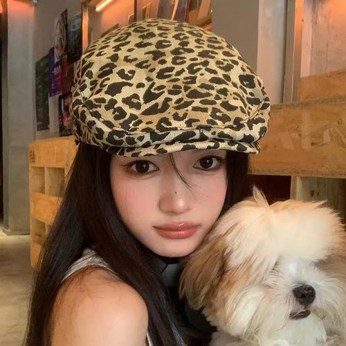 Leopard Print Octagonal Hat Cotton Unisex Winter Headwear