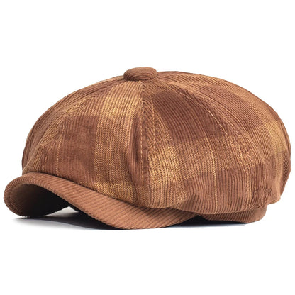 Autumn Winter Plaid Thick Newsboy Hat Corduroy Beret