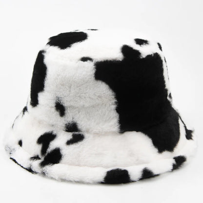 Women Bucket Hat Autumn And Winter Warm Cow Print Plush Fashion