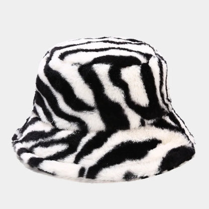 Winter Zebra Pattern Faux Fur Fluffy Bucket Hats Women