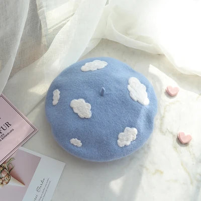 Women Handmade Beret Hat Female Hat Autumn Wool Felt Cloud Painter Cap