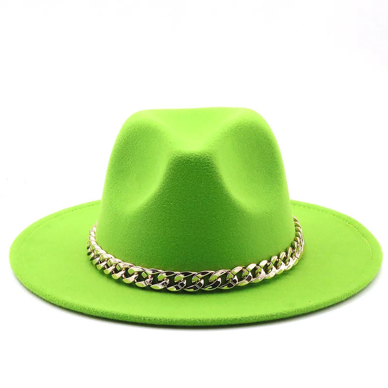 Simole Fedora Hats Women Men Wide Brim Thick Gold Chain Band Felted Hats