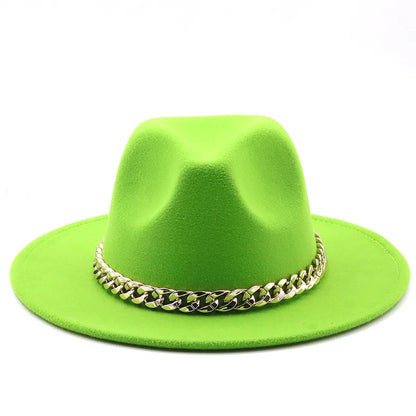 Simole Fedora Hats Women Men Wide Brim Thick Gold Chain Band Felted Hats
