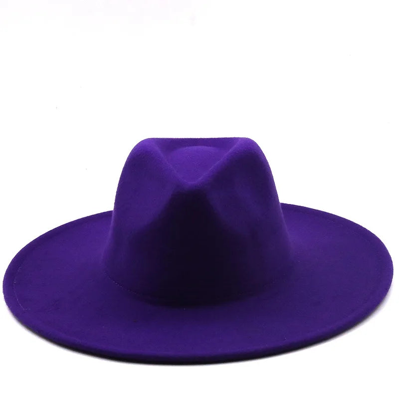 Men Women 9.5cm Flat Big Wide Brim Autumn Winter Wool Felt Fedora
