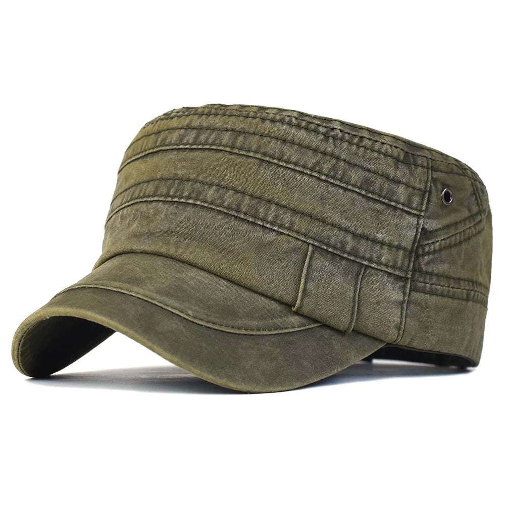 Casual Washed Cotton Flat Top Hat Military Caps Men Women Unique Design Vintage Four Seasons