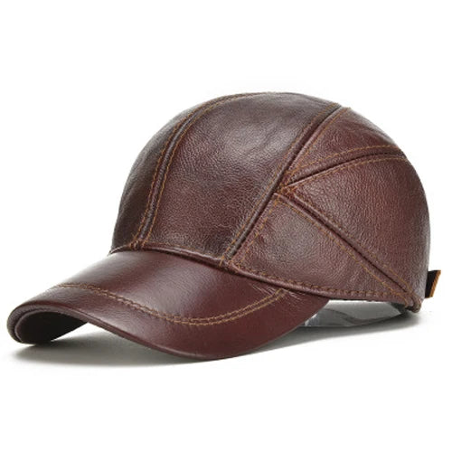 Brand Men Casual Real Leather Earflap Cap Men Real Cowhide Leather Caps