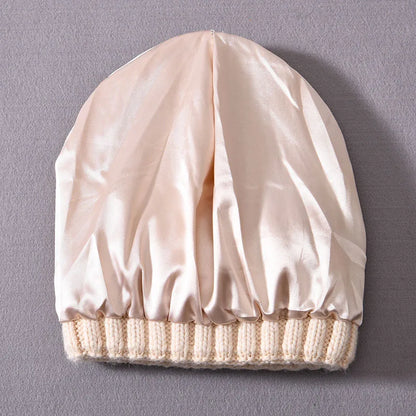 Winter Silk Satin Lined Beanie Hats Women Men Unisex Thick Chunky Cap