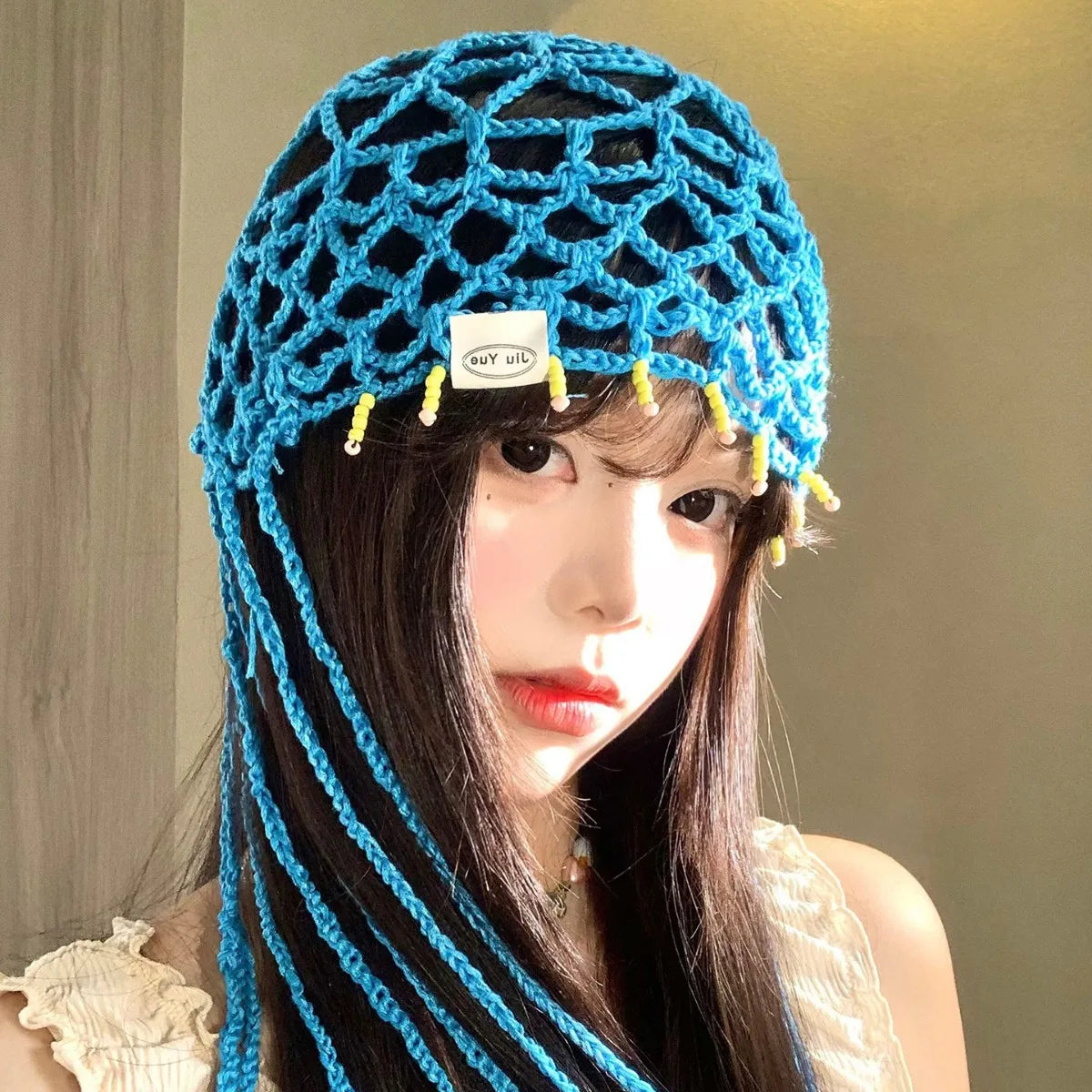 Tassel Hollow Jacquard Knitted Nylon Baotou Hat Women's