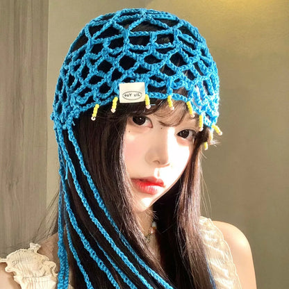 Tassel Hollow Jacquard Knitted Nylon Baotou Hat Women's