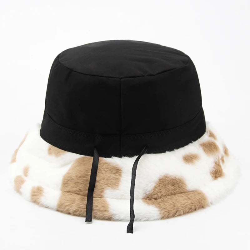 Women Bucket Hat Autumn And Winter Warm Cow Print Plush Fashion