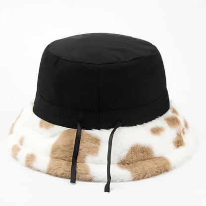 Women Bucket Hat Autumn And Winter Warm Cow Print Plush Fashion