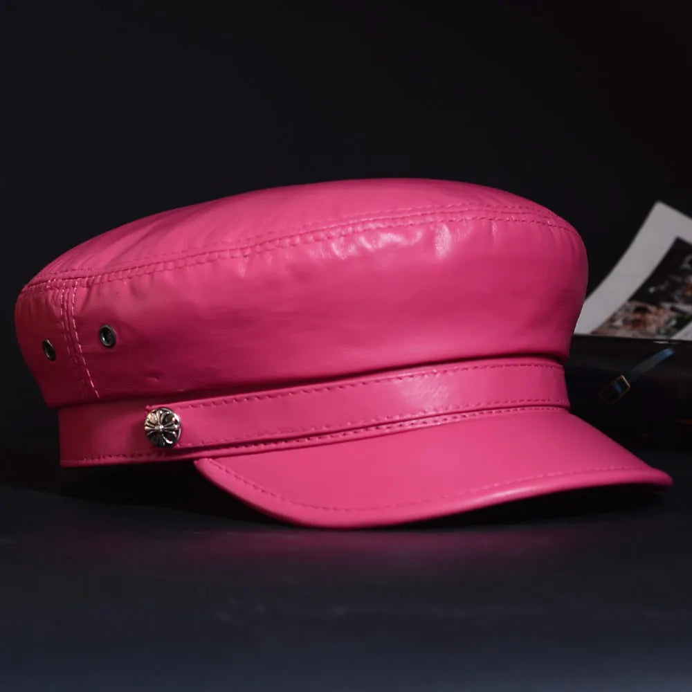 New Women's Ladies Genuine Leather Colorful Military Beret