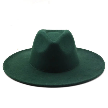 Men Women 9.5cm Flat Big Wide Brim Autumn Winter Wool Felt Fedora