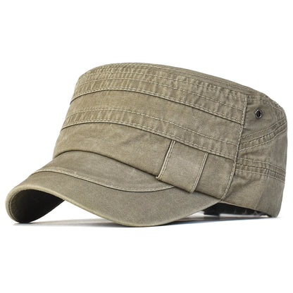Casual Washed Cotton Flat Top Hat Military Caps Men Women Unique Design Vintage Four Seasons
