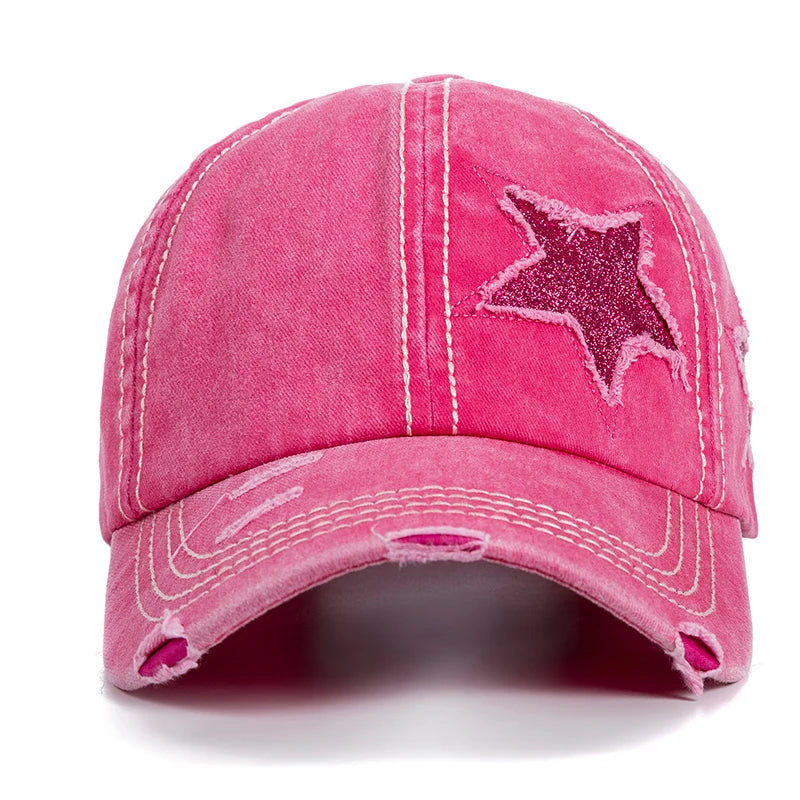 Fashion Women Ponytail Cap Sequins Fitve-Star Hole Design Baseball Cap Female