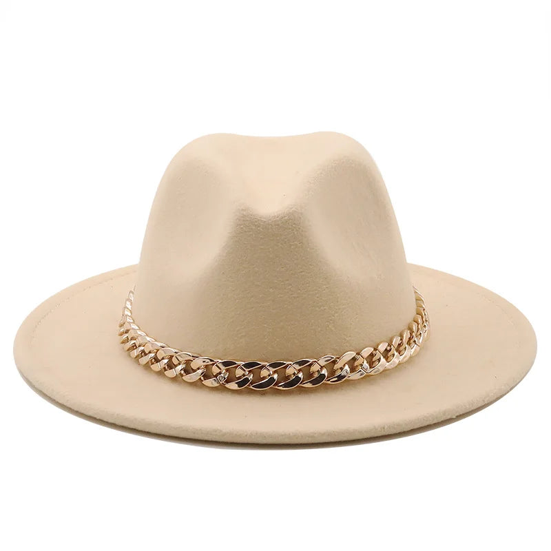 Simole Fedora Hats Women Men Wide Brim Thick Gold Chain Band Felted Hats