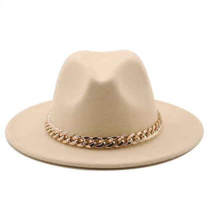 Simole Fedora Hats Women Men Wide Brim Thick Gold Chain Band Felted Hats