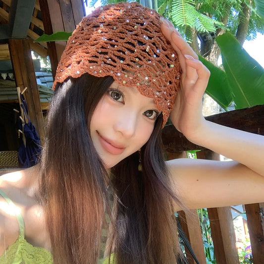 Spring Summer Handmade Knitted Sequin Hollow Crochet Vintage