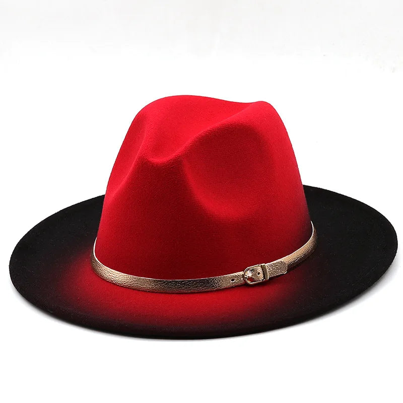 Women Patchwork Wide Brim Gradient Gold Belt Church Derby Top Hat