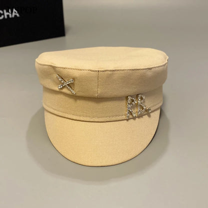 New Cotton And Linen Rhinestone Letter Newsboy Caps Women