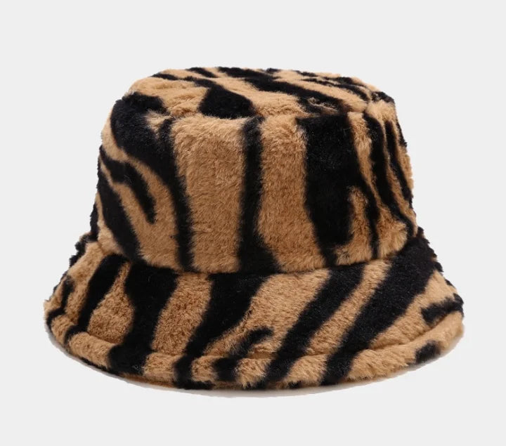 Winter Zebra Pattern Faux Fur Fluffy Bucket Hats Women