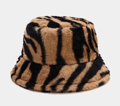 Winter Zebra Pattern Faux Fur Fluffy Bucket Hats Women