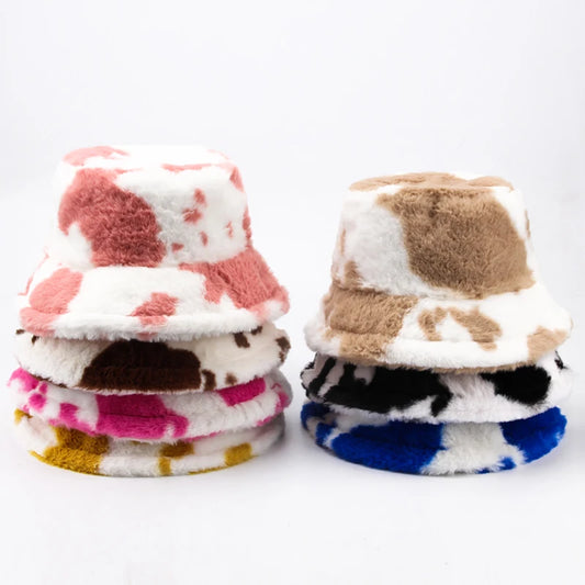 Women Bucket Hat Autumn And Winter Warm Cow Print Plush Fashion