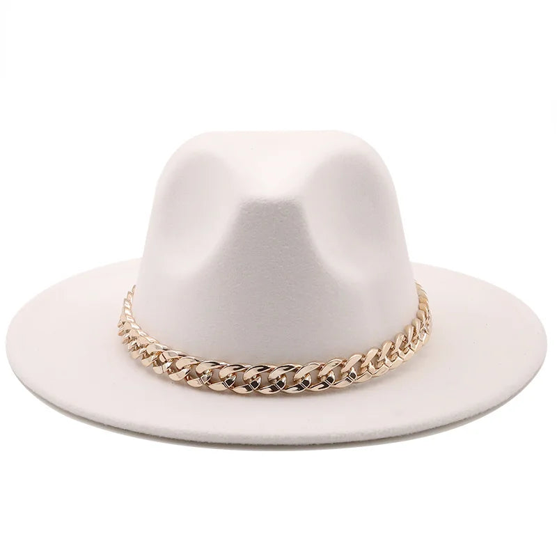 Simole Fedora Hats Women Men Wide Brim Thick Gold Chain Band Felted Hats